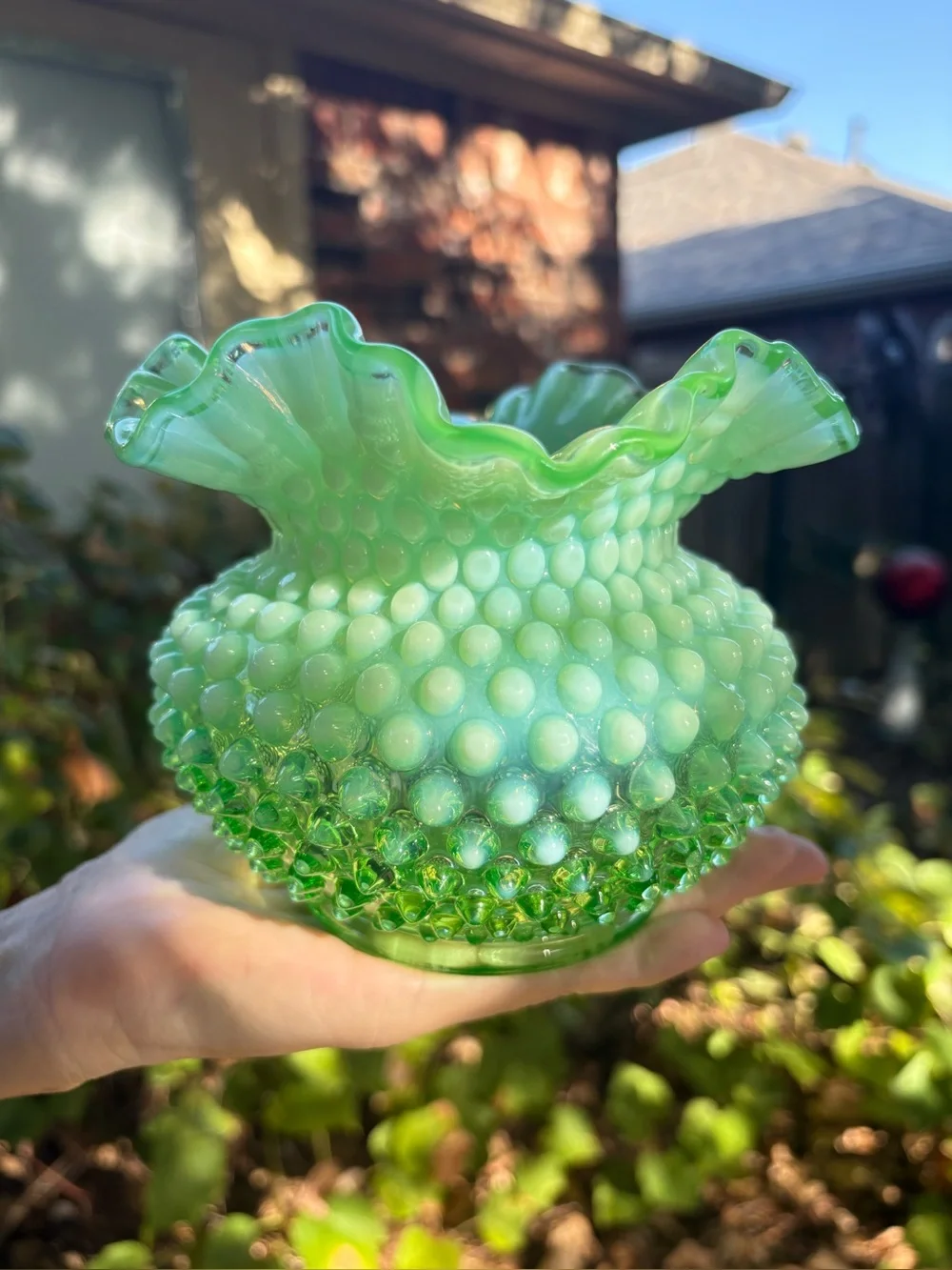 Fenton Rose Bowl Lime Green Opalescent Hobnail Glows!